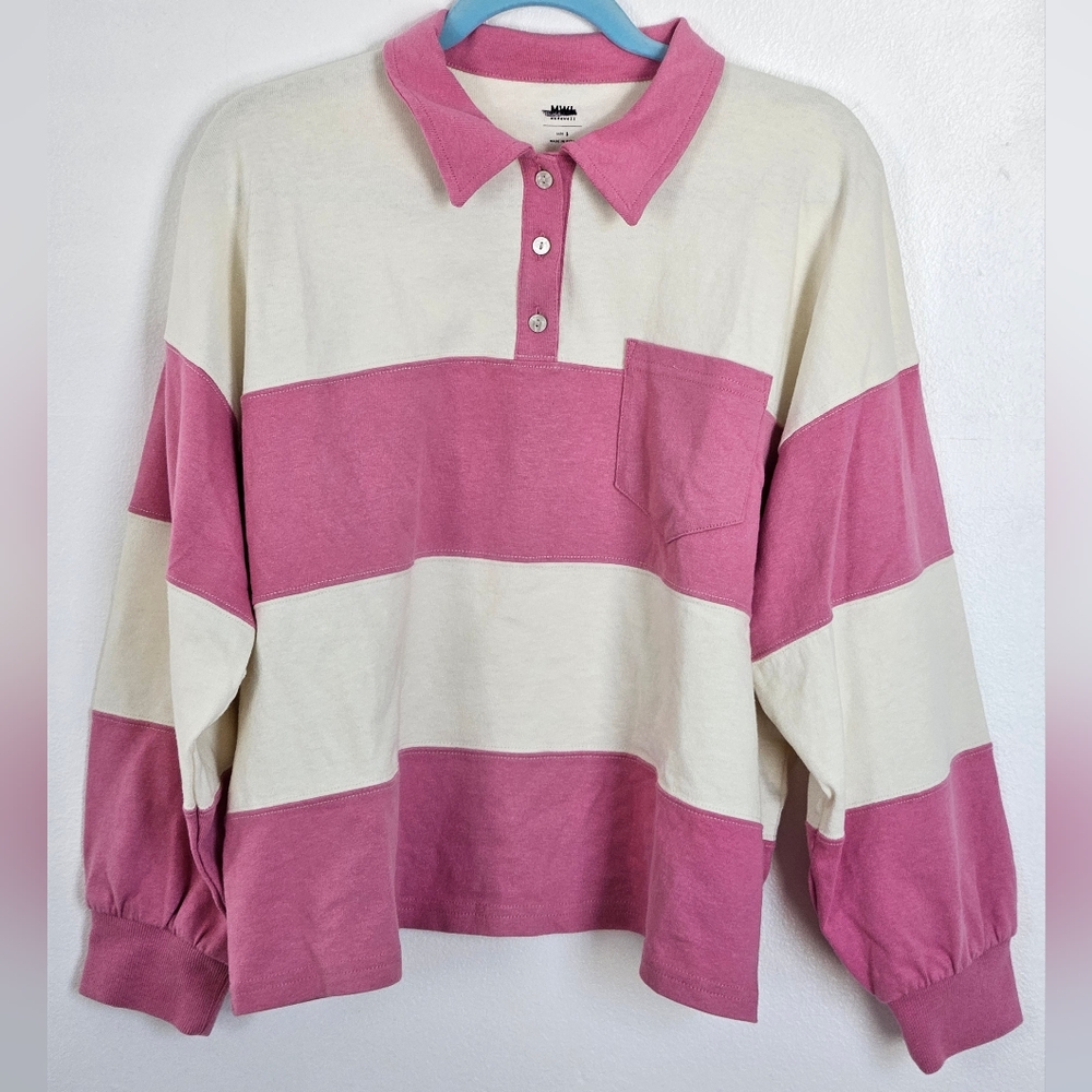 Madewell Striped rugby polo shirt in retro pink and white NWOT Size small